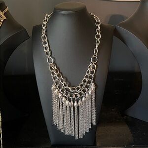#C08.    Chico's Silver Statement Necklace with Fringe